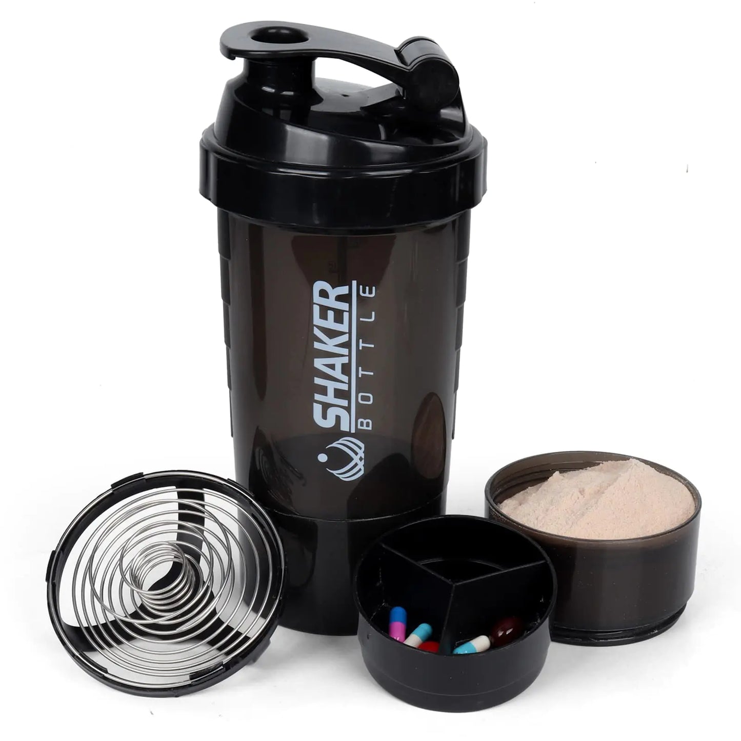 XTK Shaker Bottle 16OZ Protein Shaker Bottles with Mix Ball Portable Sports Water Bottle Leak Proof GYM Cup for Protein Mixes with Powder Storage & Pill Organizer Idea for Pre WorkoutBPA Free-Black